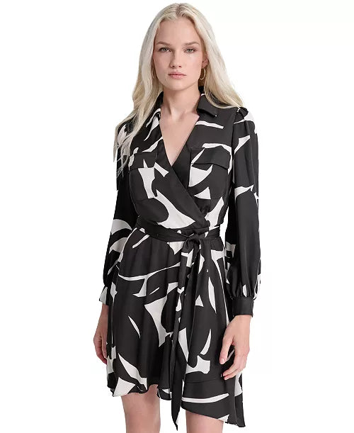 DKNY Womens Printed Tie-Waist Dress Black Eggshell 2