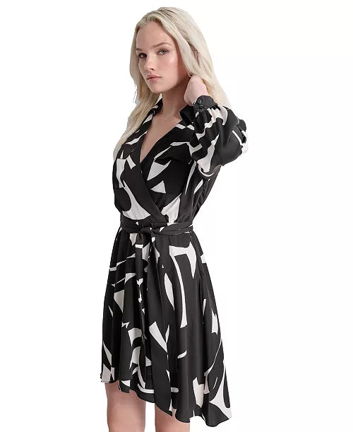 DKNY Womens Printed Tie-Waist Dress Black Eggshell 2