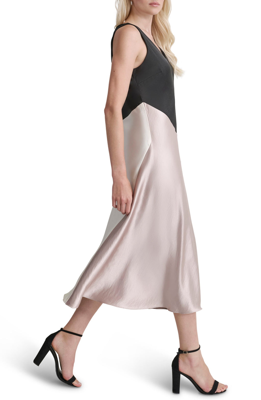 DKNY Womens Satin Colorblocked Slip Dress Black Cloud Eggshell