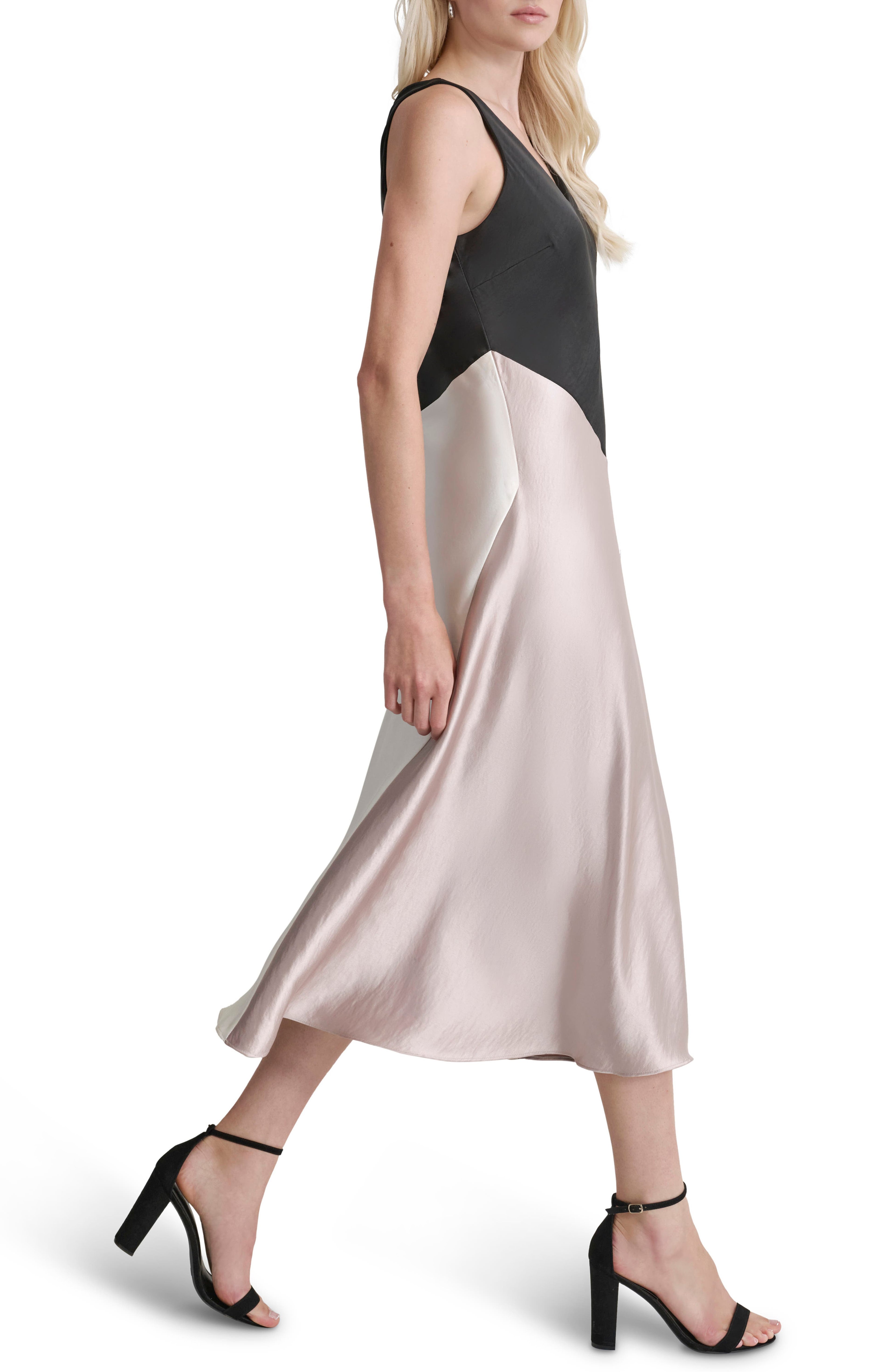 DKNY Womens Satin Colorblocked Slip Dress Black Cloud Eggshell