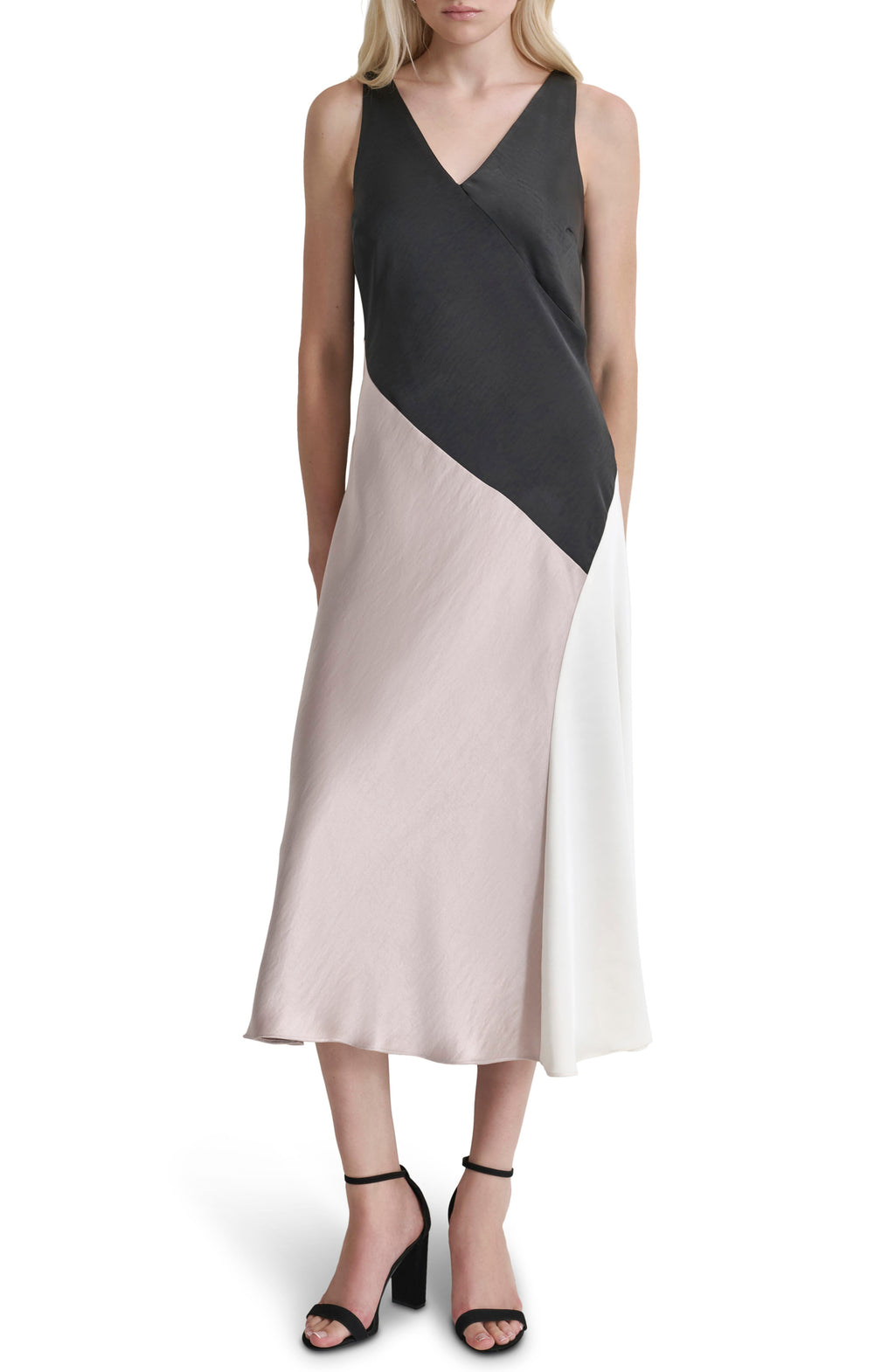 DKNY Womens Satin Colorblocked Slip Dress Black Cloud Eggshell