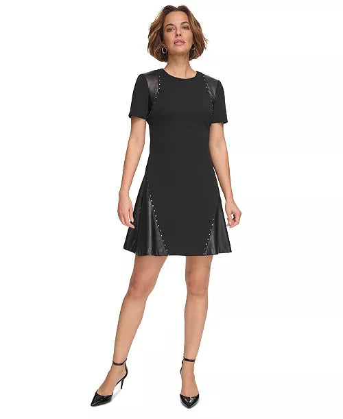 DKNY Womens Asymmetric Metallic-Dot Dress Black
