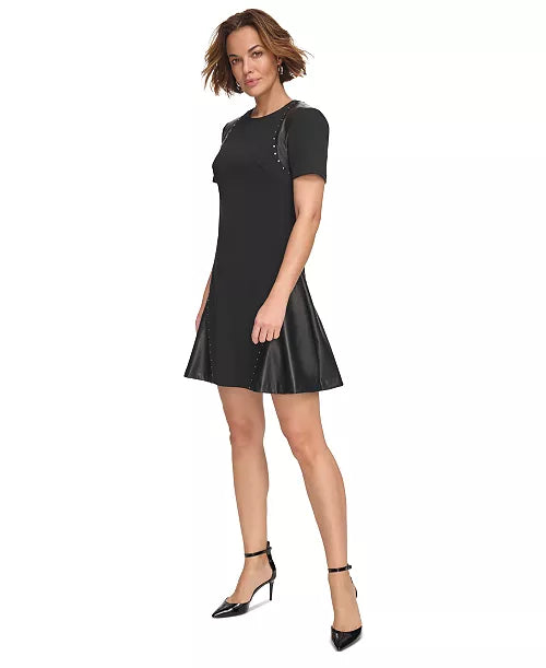DKNY Womens Asymmetric Metallic-Dot Dress Black