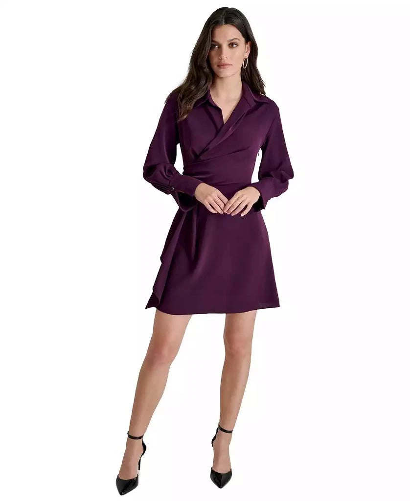 DKNY Vestido Mini Faux-Wrap con Cuello Solapa — Color Raisin